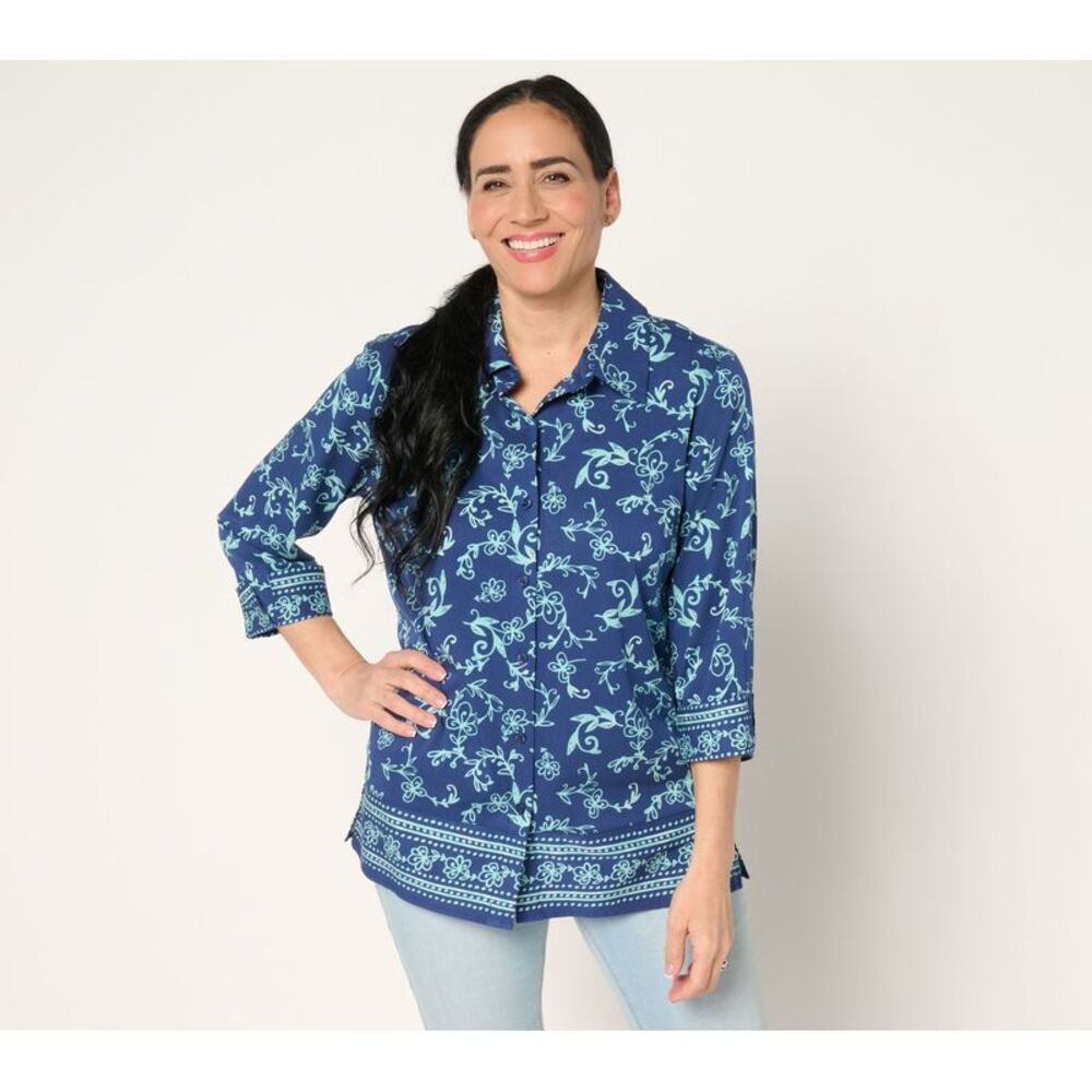 Liberare Women's Top Petite PL Denim & Co. Placed Print Button Front Blue
